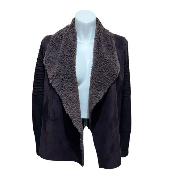 CHELSEA & THEODORE Brown Open Front Sweater Jacket Faux Fur Faux Suede XX-Cozy - Picture 2 of 10